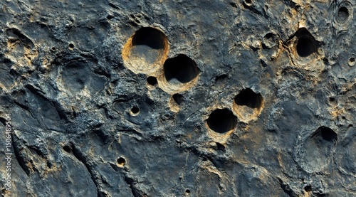 Dark, textured rock surface with numerous irregular, pitted holes of varying sizes and depths, showing hints of orange-brown discoloration
