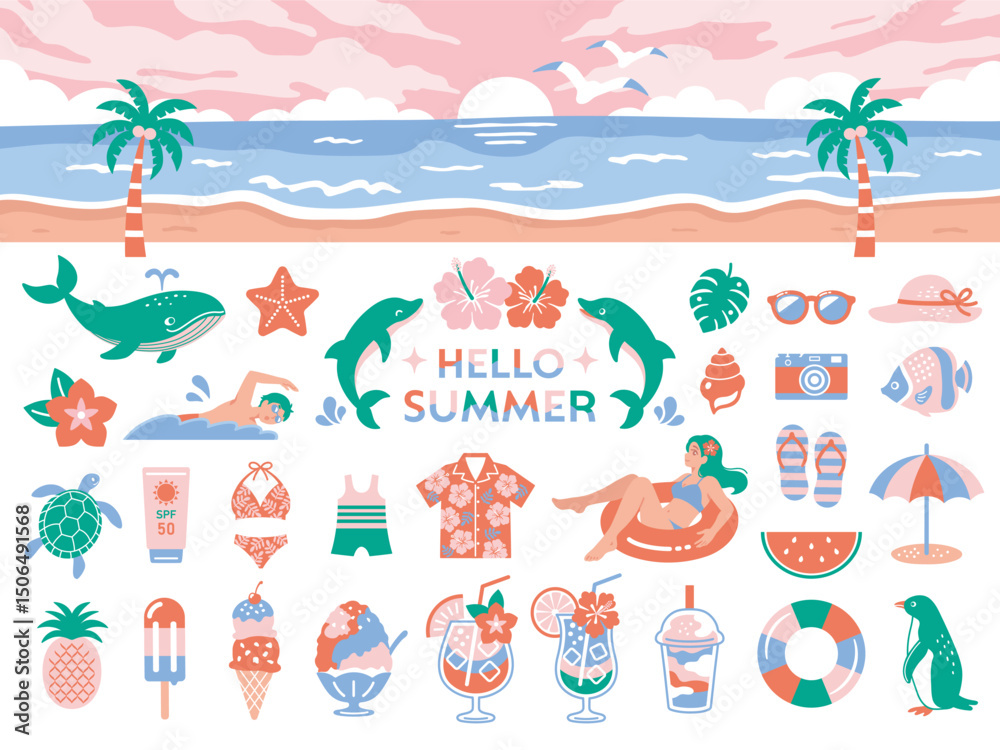 Obraz premium Summer Beach and Vacation Icon Set – Flat Cute Style
