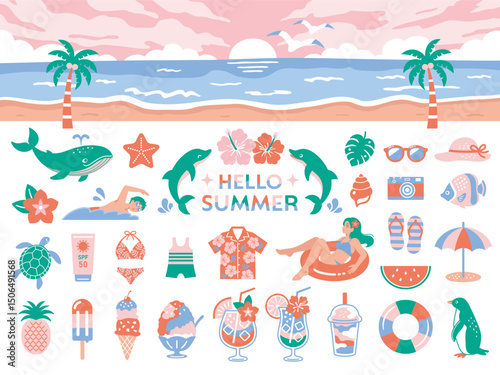 Summer Beach and Vacation Icon Set – Flat Cute Style 