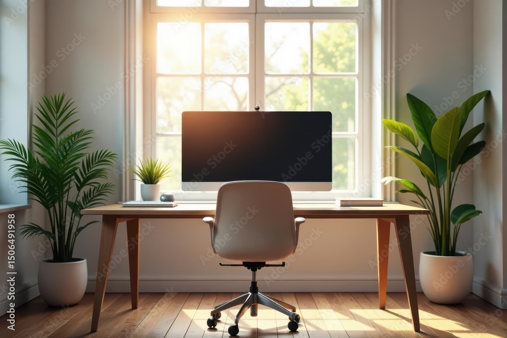 Fototapeta premium Empty chair at desk facing screen, sunlit room , virtual, chair