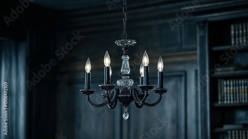Ornate black chandelier with clear glass accents in a dimly lit room.