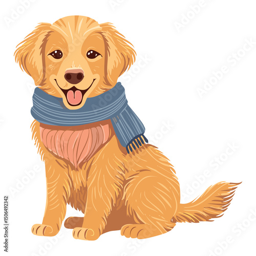 A golden retriever with a scarf sitting