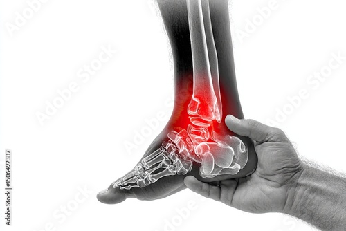 Painful ankle joint.  Hand touching the affected area