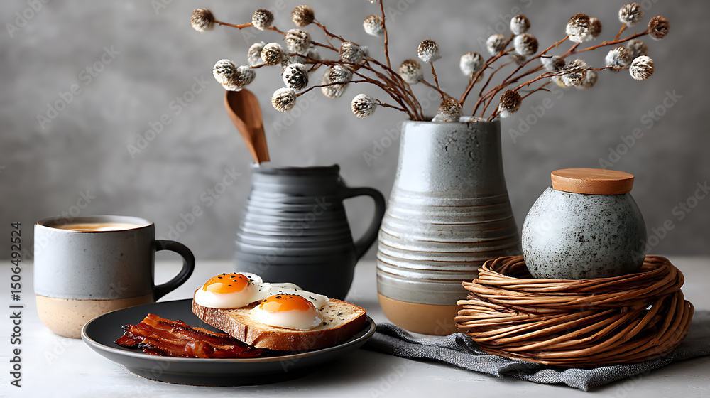 Fototapeta premium Breakfast preparation with eggs and bacon kitchen table food photography cozy environment top view culinary concept