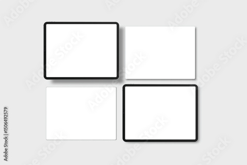3D tablet, pen digital device mockup with blank screen isolated on background. Realistic, high quality pad empty display template for ui, ux, app, ads, banner marketing, website. Vector illustration
