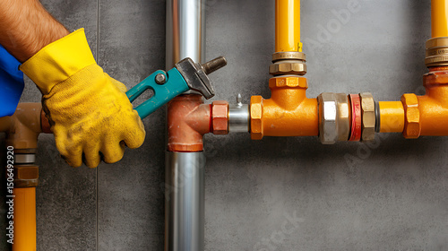 Plumber Adjusting a Valve on Industrial Pipes