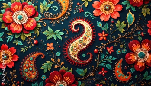Vibrant paisley print with red, orange, and green hues , wallpaper, fabric