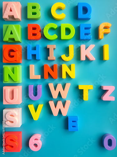 Plastic construction blocks font, alphabet letters and numbers