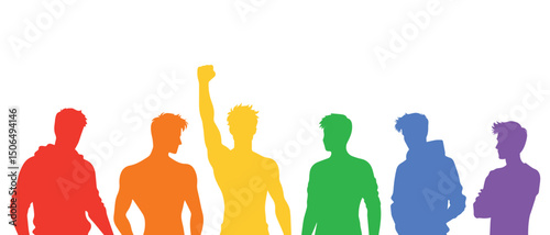 silhouettes of people on white background, rainbow colors, pride month lgbt, guys isolated illustrations