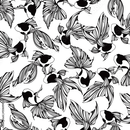 Gracefully swimming goldfish seamless pattern,