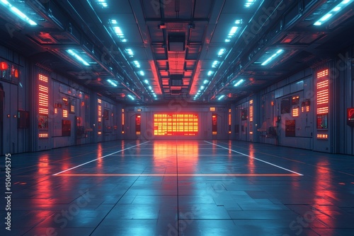 Futuristic corridor, neon lights, empty space, sci-fi background, game design