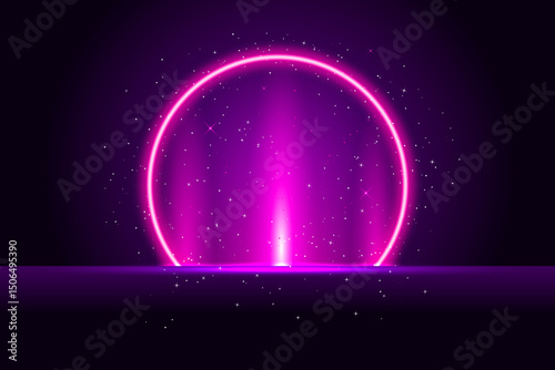 Abstract luminous teleportation portal made of glowing circle and sparkles with pink radiance. Perfect for sci-fi, fantasy, or tech-themed projects. Pink tech fantastic game portal with light effect.