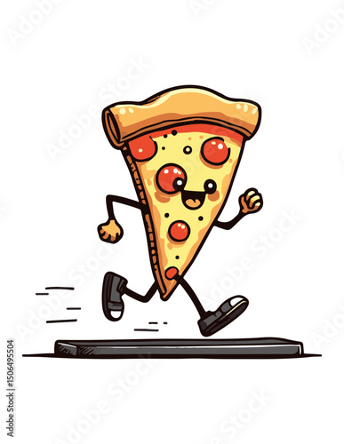 Cartoon pizza slice character running energetically with a cheerful expression