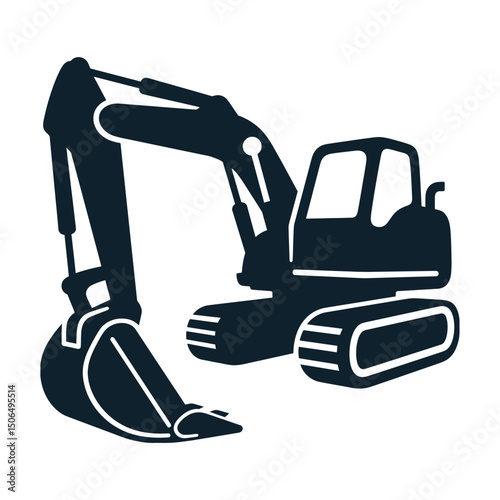 A striking silhouette of a modern excavator stands tall against the horizon, embodying strength