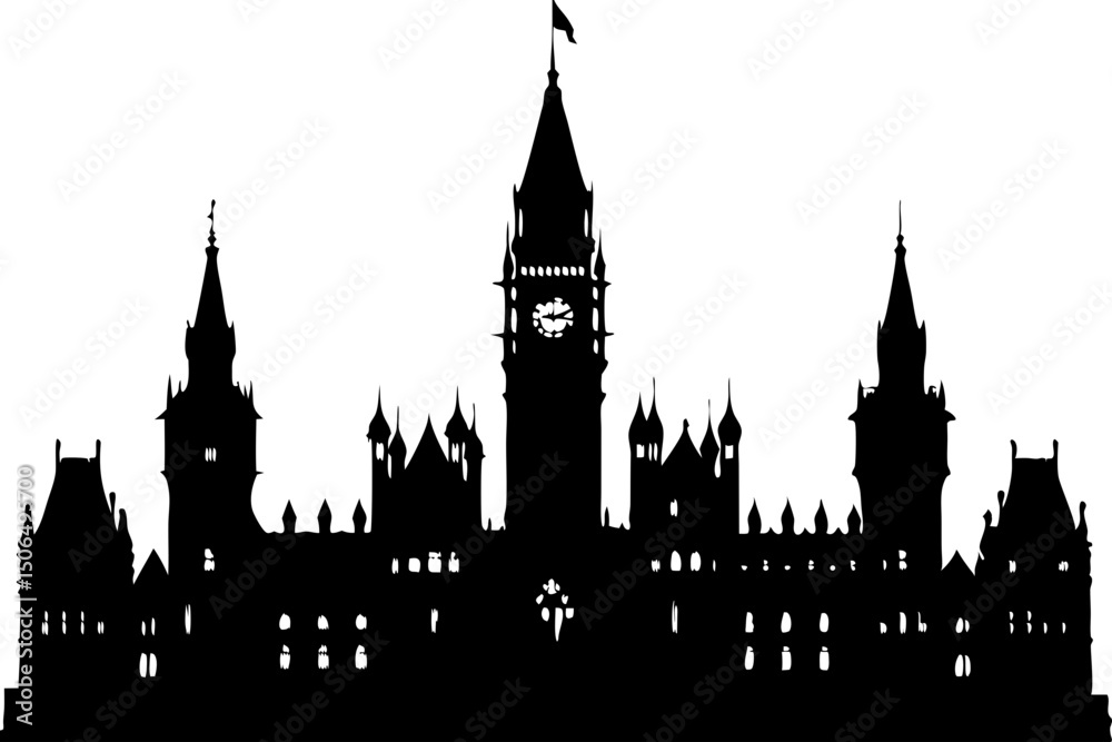 Fototapeta premium Majestic Silhouette of the Canadian Parliament Buildings, parliament, buildings, ottawa, canada, architecture, silhouette, revival, victorian, politics, visual, political, iconic, democracy, governmen