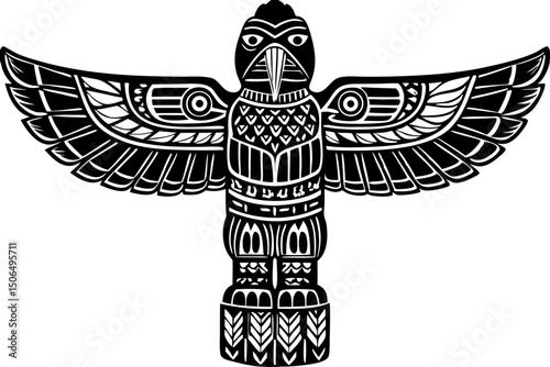 Native American Thunderbird Totem Pole Illustration, thunderbird, totem, pole, native, american, artwork, mythology, tribal, wisdom, symbolic, spirituality, tattoo, spiritual, legend, alaska, eagle, s