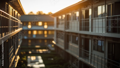 Blurry dormitory at sunset reflecting calm and academic atmosphere in asia