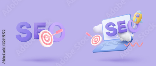 3D seo optimization icon for marketing social media. Interface for research planning web analytics strategy. 3d seo strategy buttons icon vector render illustration