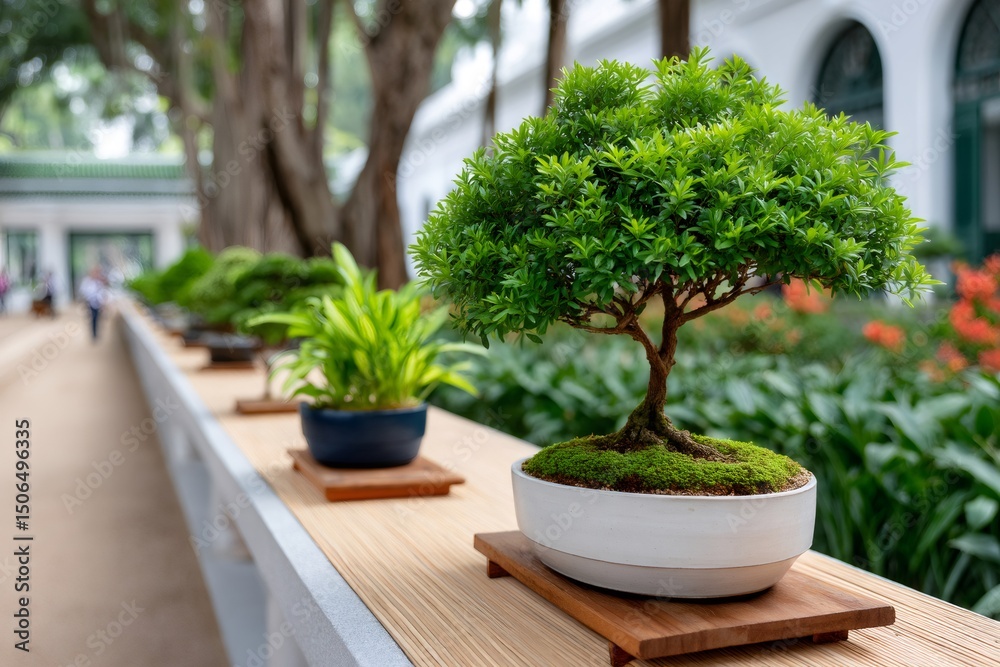 Fototapeta premium Bonsai tree growing in a white pot on a wooden table