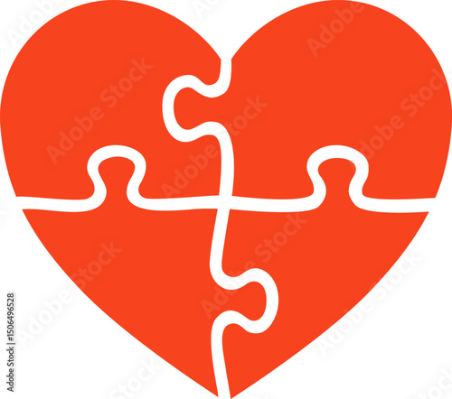 Bright illustration of heart made of four red jigsaw puzzle pieces. Abstract symbol of love, unity, teamwork, medical care, relationship and cooperation. World Health Day, Valentine day symbol