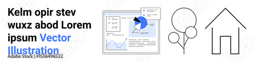 Analytical dashboard with pie chart and growth graph beside minimal house outline and tree icon. Ideal for analytics, business growth, nature, real estate, housing, technology, simple landing page