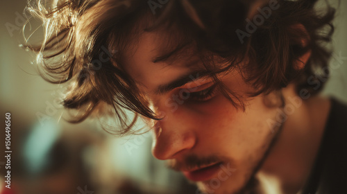 Man in deep thought, looking down with focus. Introspection and quiet determination in a moment of reflection.