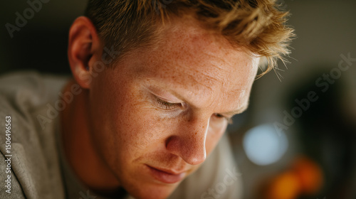 Man in deep thought, looking down with focus. Introspection and quiet determination in a moment of reflection.