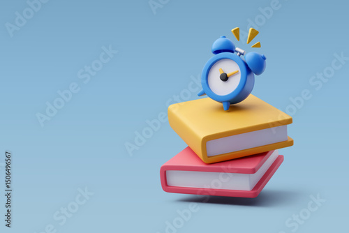 3d Vector Books and alarm clock, Education, Study, Back to school concept.