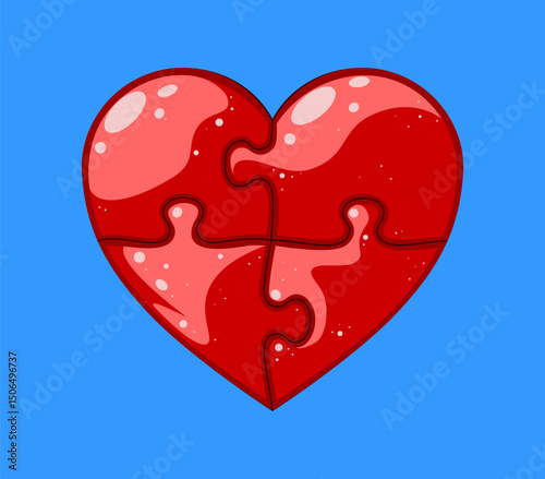 Bright illustration of heart made of four red jigsaw puzzle pieces. Abstract symbol of love, unity, teamwork, medical care, relationship and cooperation. World Health Day, Valentine day symbol