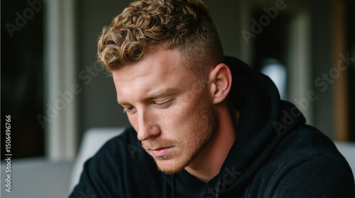 Man in deep thought, looking down with focus. Introspection and quiet determination in a moment of reflection.
