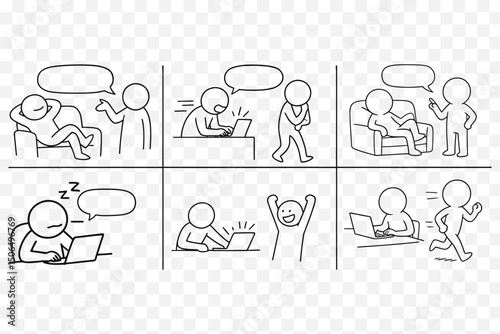  Drowsy Office Worker Line Art – Sleepy Characters with Coffee & Thought Bubble
