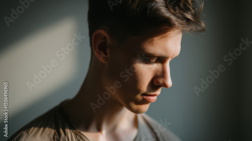 Man in deep thought, looking down with focus. Introspection and quiet determination in a moment of reflection.