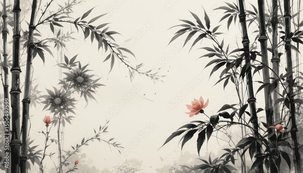 A serene depiction of bamboo and blossoms in a muted palette. A serene depiction of bamboo and blossoms in a muted palette.
