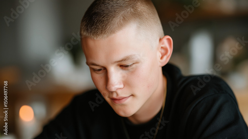 Man in deep thought, looking down with focus. Introspection and quiet determination in a moment of reflection.