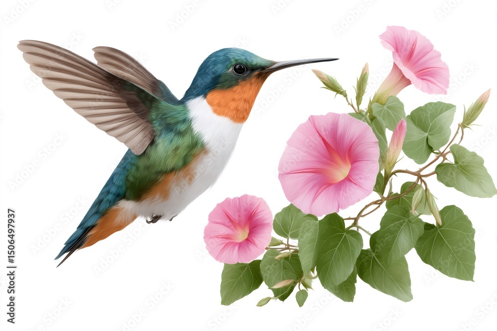 Fototapeta premium Purple-throated Woodstar hummingbird flying near pink morning glory flowers