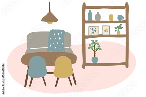 おしゃれなリビングダイニングルームの手書きイラスト