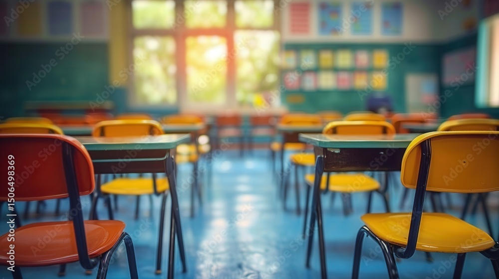 Naklejka premium A well-lit classroom with empty desks and chairs awaiting students and lessons.