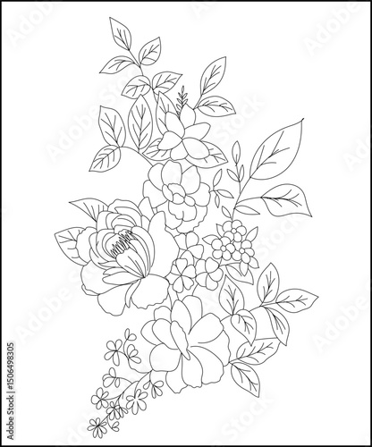 Outline Black and White Handdrawing Illustration Flower and Leaf. Coloring Pages for Kid and Adult