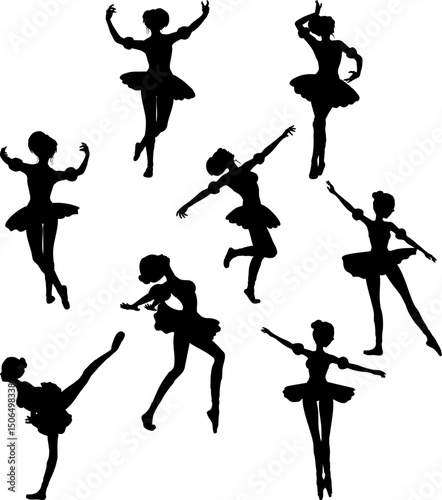 Black silhouette of graceful ballerina in tutu performing a ballet pose, ballet movement.  Illustration for dance, performance, theater, and artistic expression themes. Isolated on white background.