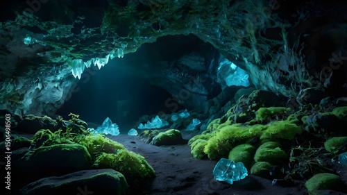 underwater scene of a cave, fantasy and magical theme