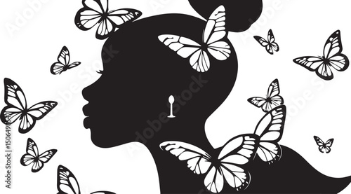 Black woman silhouette with flying butterflies