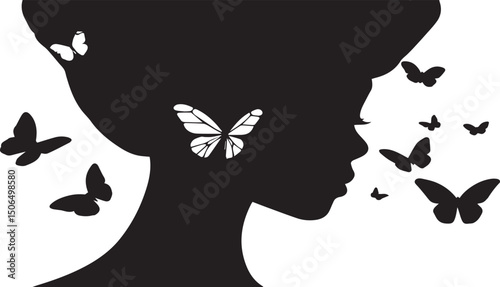 Black woman silhouette with flying butterflies