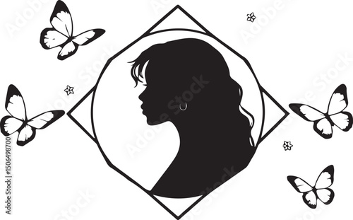 Black woman silhouette with flying butterflies