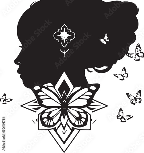 Black woman silhouette with flying butterflies