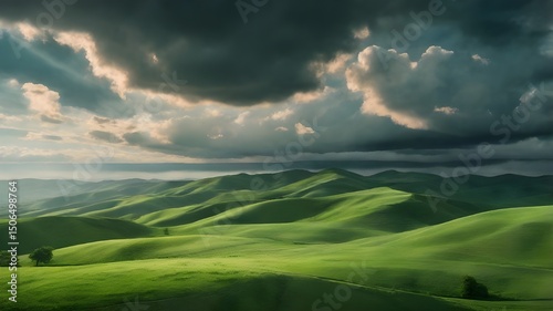 green field and cloudy blue sky