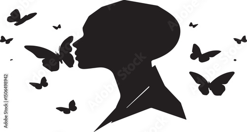 Black woman silhouette with flying butterflies