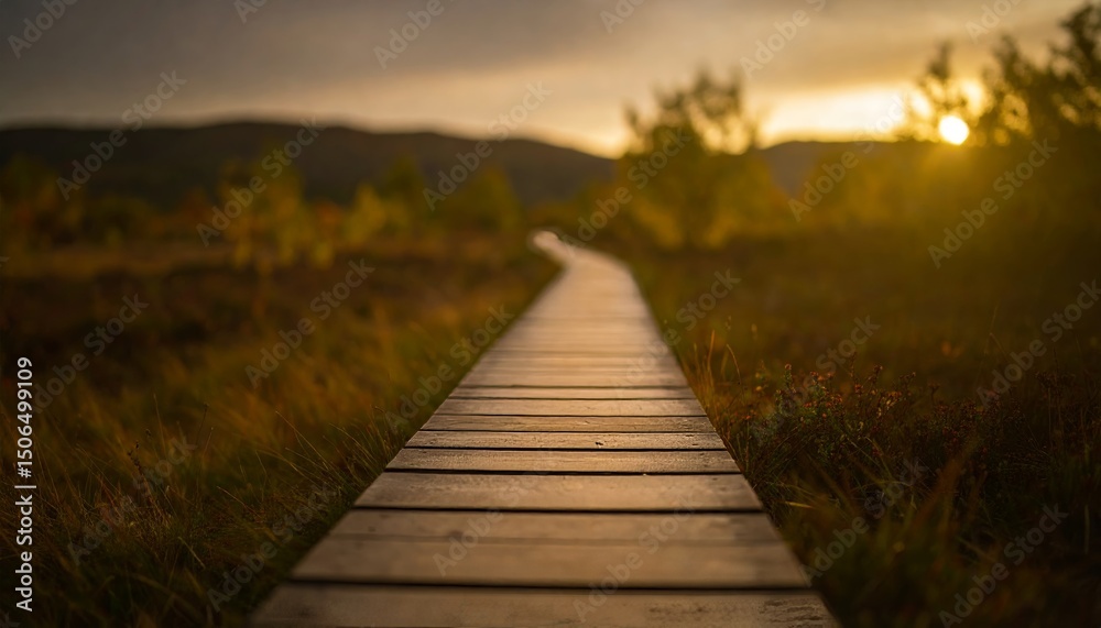 Fototapeta premium Panoramic autumn landscape with wooden path at sunset