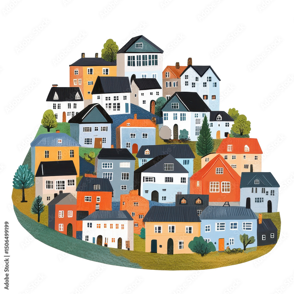 Naklejka premium Charming small town with colorful houses situated on a hill against a Transparent background, small town with many houses on a hill, PNG background