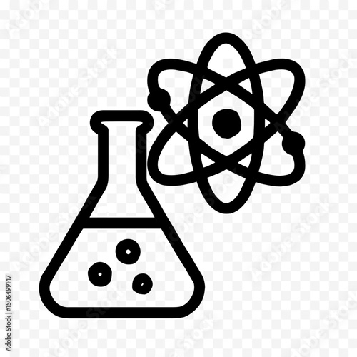 Outline icon of scientific research with chemistry flask and atomic model, symbolizing laboratory experiments, molecular science, physics and chemistry exploration