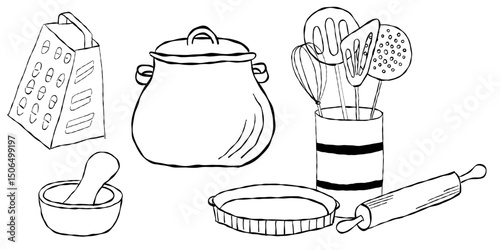 Cooking tools set with grater pot spatula stand rolling pin and baking dish